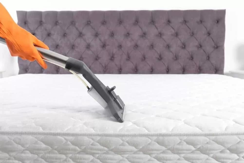 Person using a vacuum cleaner to clean a mattress with an upholstered headboard in the background.